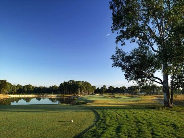 Twin Creeks Golf Club overlooking dam with blue green algae