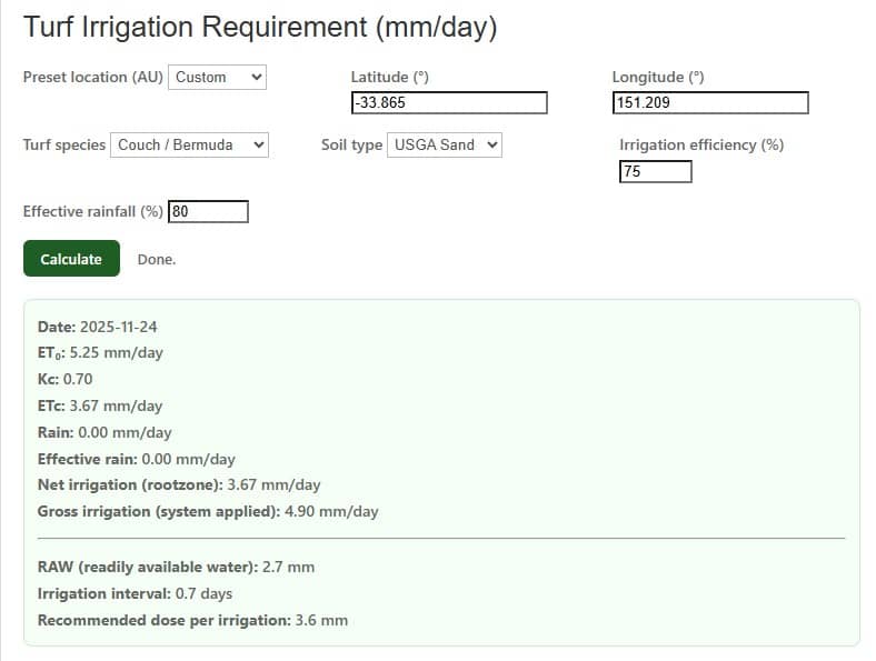 The turf irrigation calculator uses real time weather data plus soil type to calculate an irrigation requirement