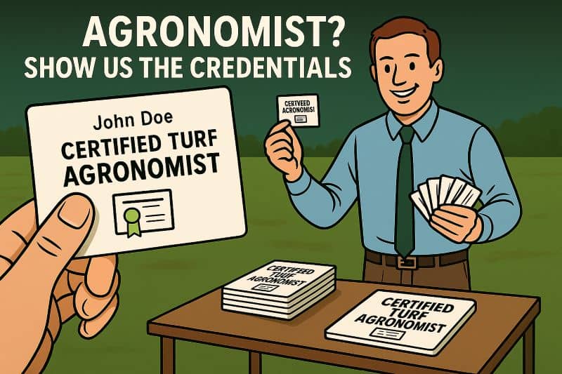 Turf product bag claiming "promotes growth" with a magnifier reading "no scientific evidence