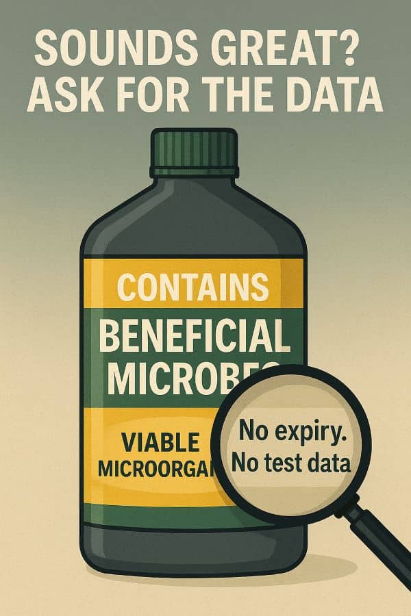 Turf biostimulant bottle labelled "contains beneficial microbes", magnifier reading "no expiry, no test data