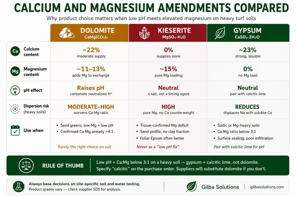 Dolomite, kieserite and gypsum compared by calcium magnesium content and pH effect for turf soil amendment