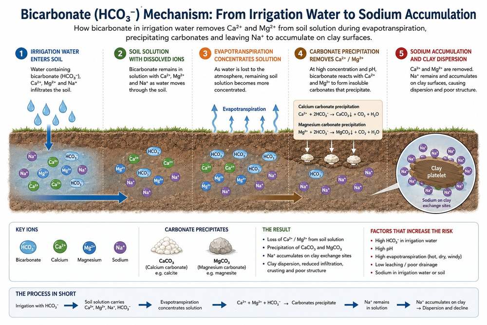 Infographic: bicarbonate in irrigation water precipitates calcium and magnesium, leaving sodium to accumulate on clay