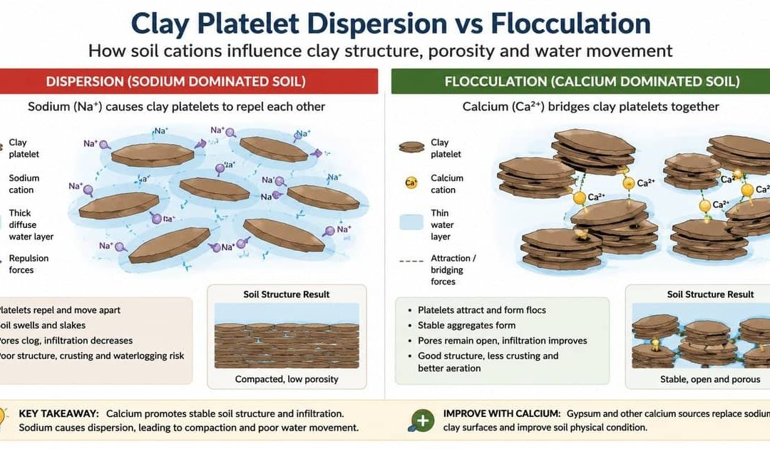 Clay platelets disperse and clog soil pores under sodium, but flocculate into stable aggregates with open pores under calcium