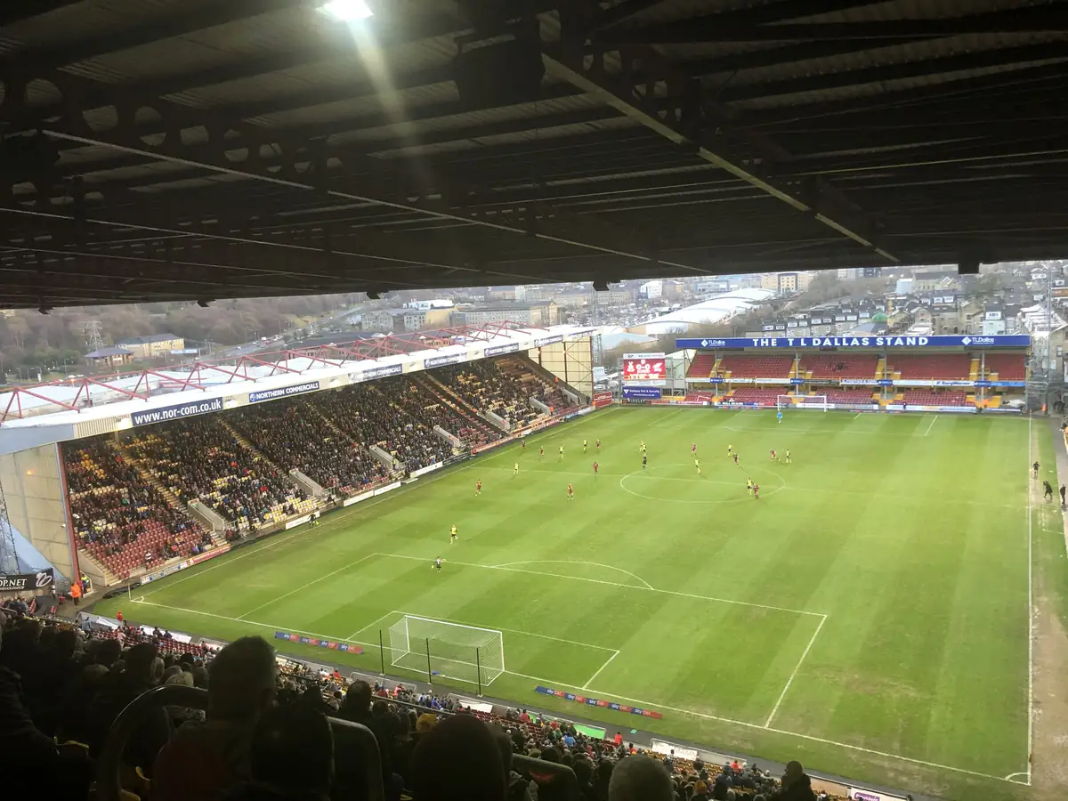 Valley Parade Bradford City match day showing perennial ryegrass pitch in active EFL fixture