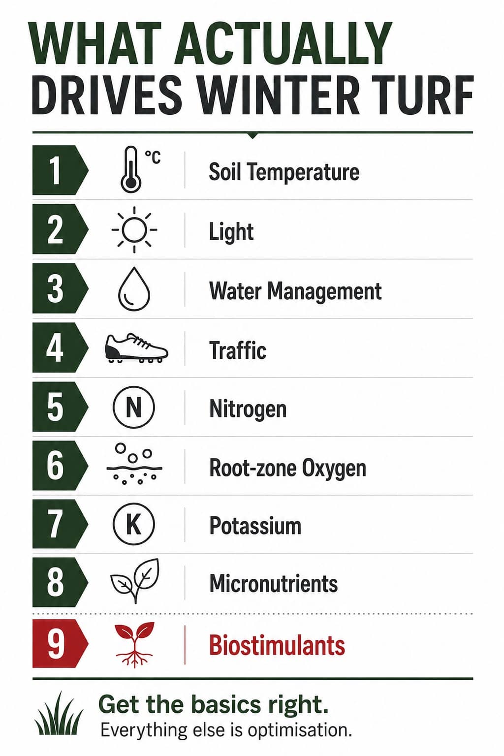 Ranked list "What Actually Drives Winter Turf," 1 soil temperature to 9 biostimulants (last, in red). Footer: "Get the basics right. Everything else is optimisation.
