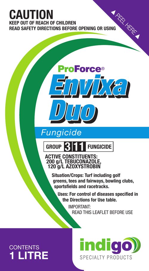 ProForce Envixa Duo fungicide 1 L label showing 200 g/L tebuconazole and 120 g/L azoxystrobin, Group 3 and 11
